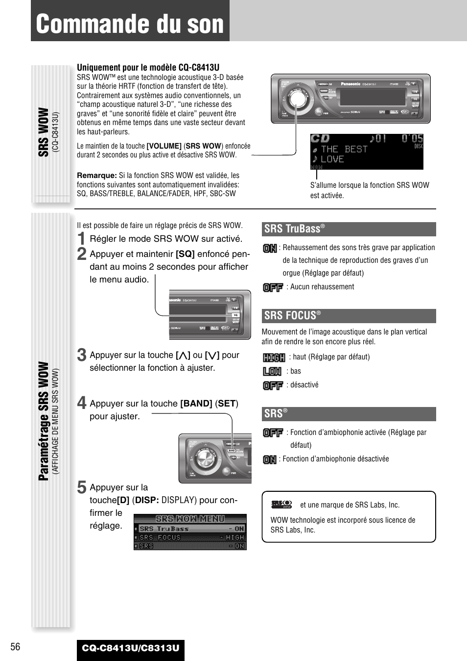 Commande du son, Srs wow, Paramétrage srs wow | Panasonic CQ-C8313U User Manual | Page 56 / 114