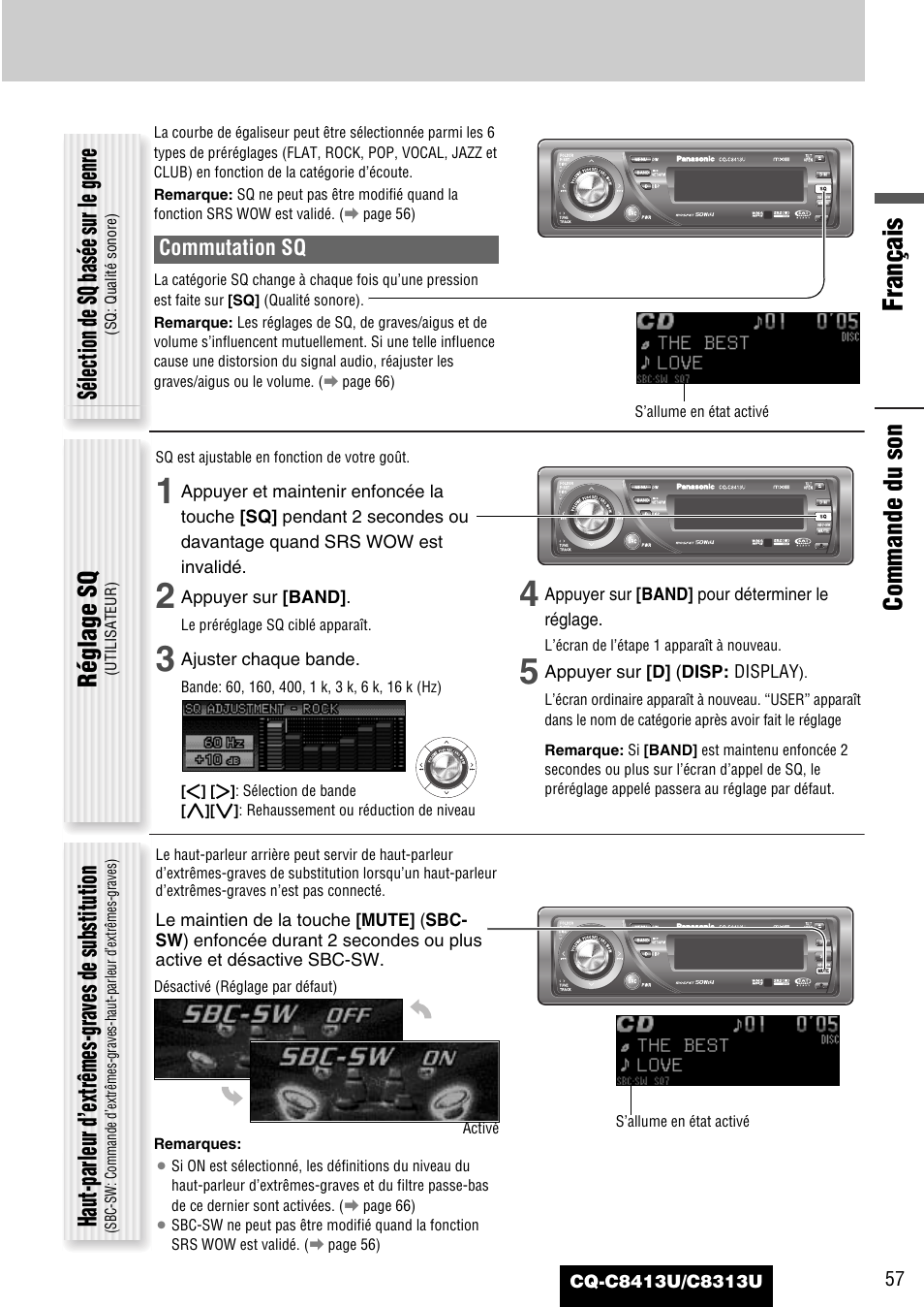 Français, Commande du son, Sélection de sq basée sur le genre | Réglage sq, Haut-parleur d’extrêmes-graves de substitution | Panasonic CQ-C8313U User Manual | Page 57 / 114