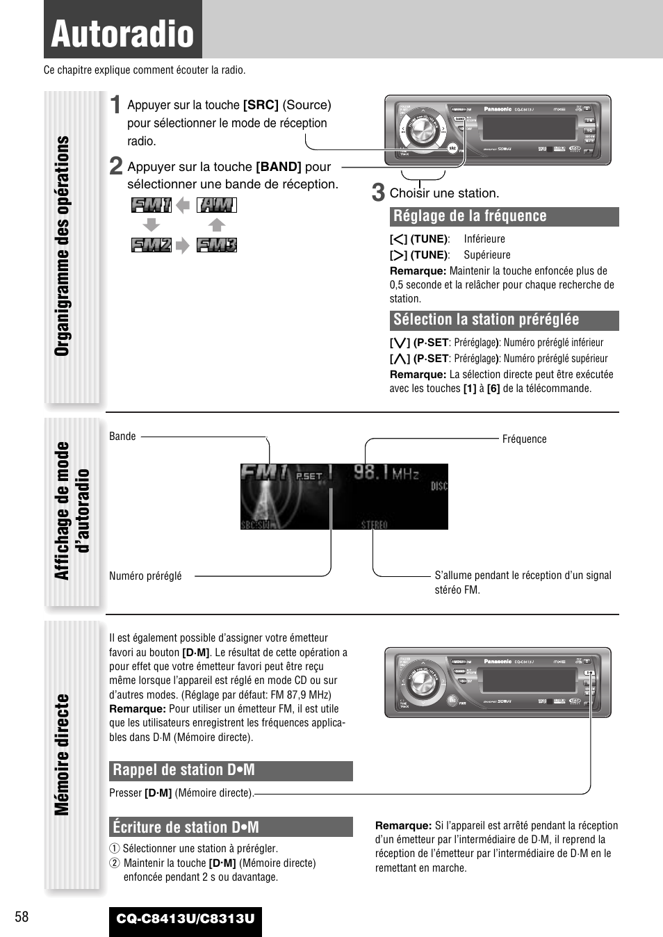 Chaque source, Autoradio, Organigramme des opérations | Mémoire directe affichage de mode d’autoradio | Panasonic CQ-C8313U User Manual | Page 58 / 114