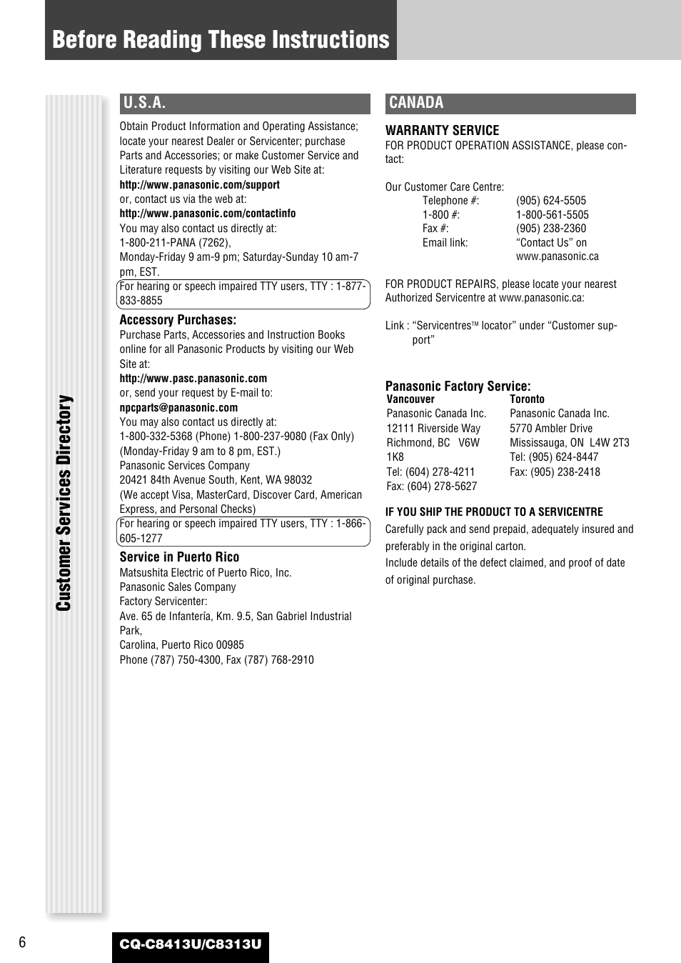 Before reading these instructions, Customer ser vices director y, U.s.a | Canada | Panasonic CQ-C8313U User Manual | Page 6 / 114
