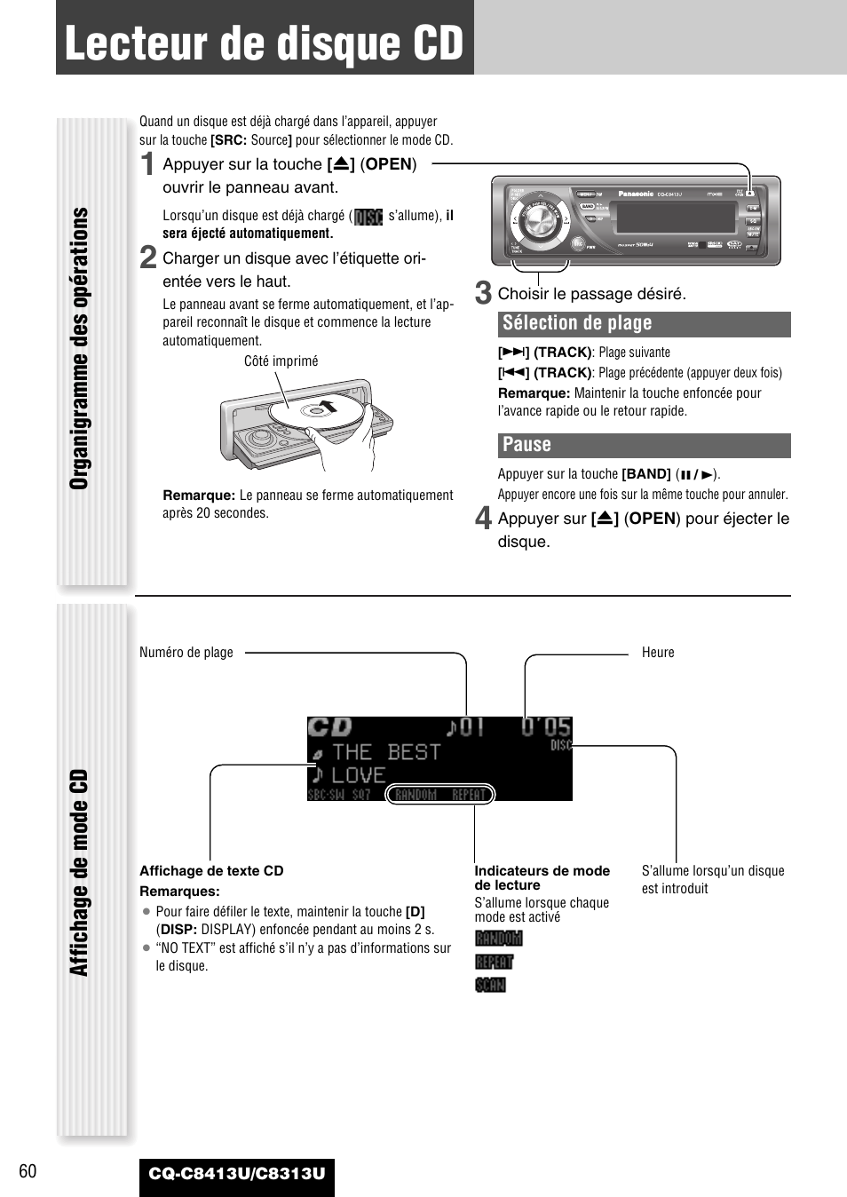 Lecteur de disque cd, Organigramme des opérations affichage de mode cd | Panasonic CQ-C8313U User Manual | Page 60 / 114