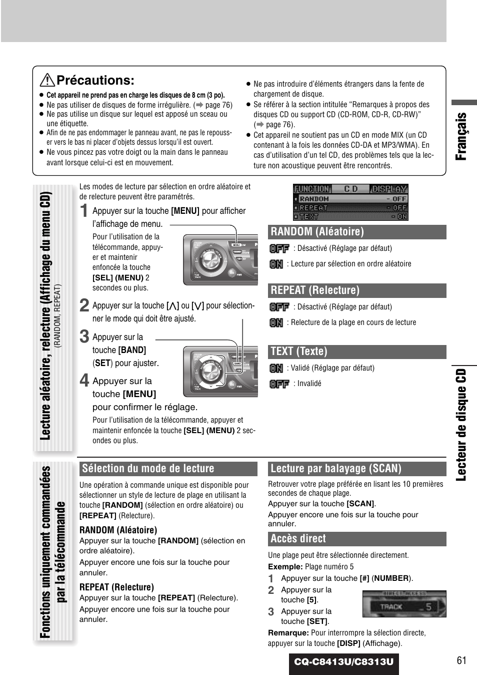 Français, Lecteur de disque cd précautions, Random (aléatoire) | Repeat (relecture), Text (texte), Sélection du mode de lecture, Lecture par balayage (scan), Accès direct | Panasonic CQ-C8313U User Manual | Page 61 / 114