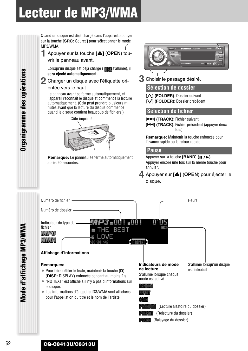 Lecteur de mp3/wma, Organigramme des opérations, Mode d’affichage mp3/wma | Panasonic CQ-C8313U User Manual | Page 62 / 114
