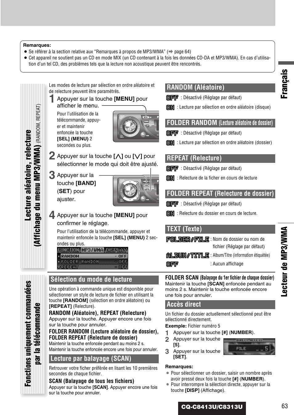 Français, Lecteur de mp3/wma | Panasonic CQ-C8313U User Manual | Page 63 / 114