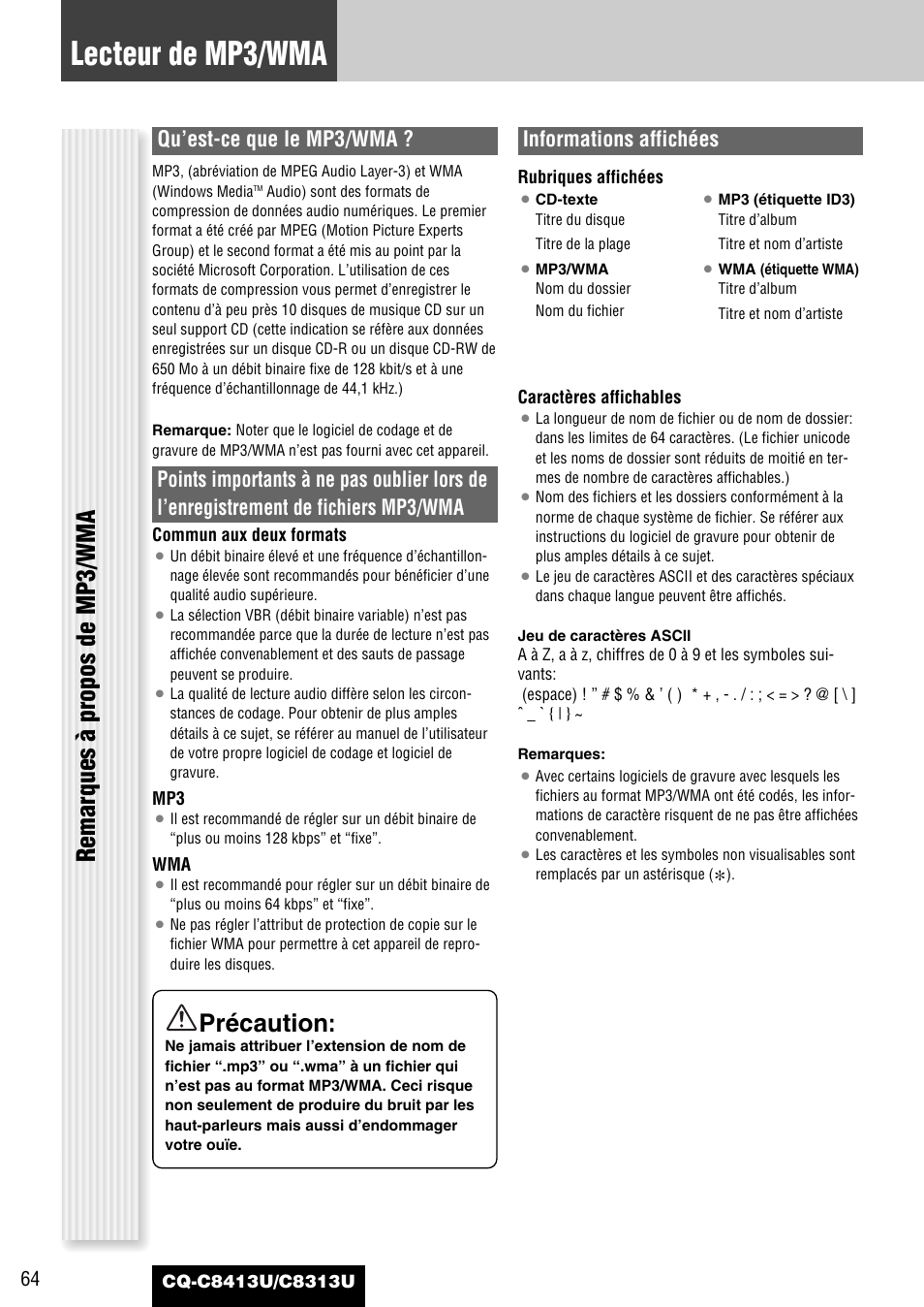 Lecteur de mp3/wma, Remarques à propos de mp3/wma précaution, Qu’est-ce que le mp3/wma | Informations affichées | Panasonic CQ-C8313U User Manual | Page 64 / 114