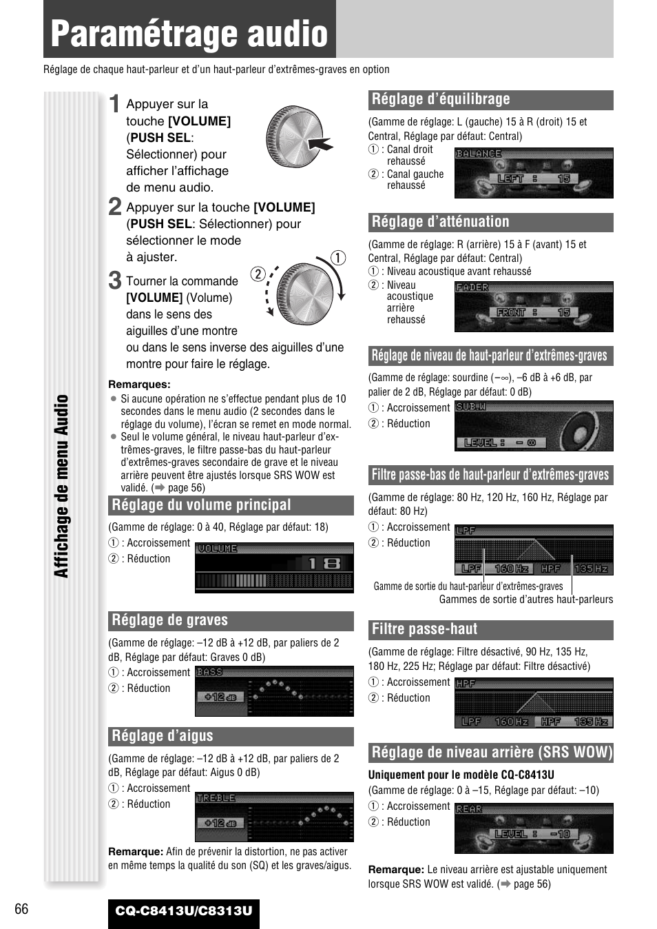 Au besoin, Parametrage audio, Paramétrage audio | Affichage de menu audio | Panasonic CQ-C8313U User Manual | Page 66 / 114