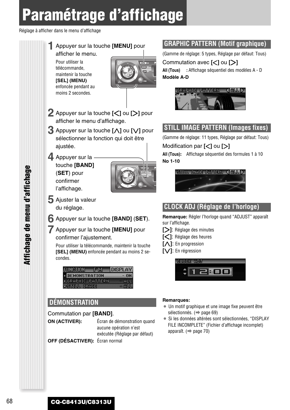 Parametrage d'affichage, Paramétrage d’affichage, Affichage de menu d’affichage | Panasonic CQ-C8313U User Manual | Page 68 / 114