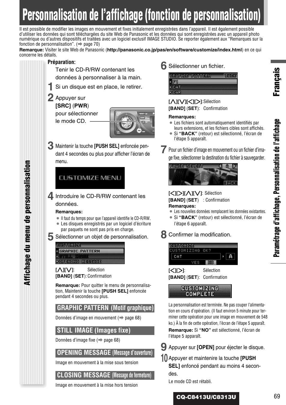 Français, Affichage du menu de personnalisation | Panasonic CQ-C8313U User Manual | Page 69 / 114