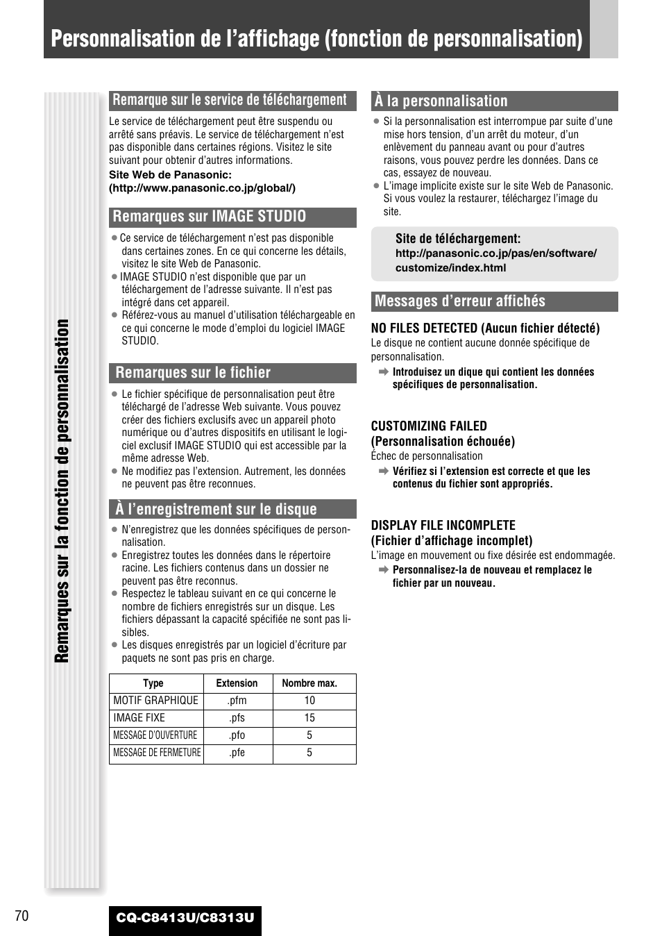 Remarques sur la fonction de personnalisation, Remarque sur le service de téléchargement, Remarques sur image studio | Remarques sur le fichier, À l’enregistrement sur le disque, À la personnalisation, Messages d’erreur affichés | Panasonic CQ-C8313U User Manual | Page 70 / 114