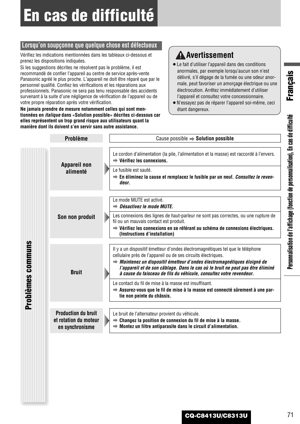 En cas de difficulte, En cas de difficulté, Français | Avertissement, Problèmes communs | Panasonic CQ-C8313U User Manual | Page 71 / 114