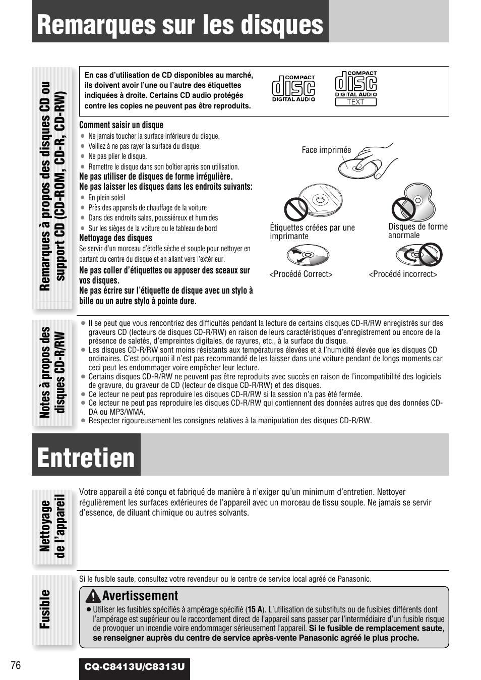 Remarques sur les disques, Entretien, Nettoyage de l’appareil fusible | Avertissement | Panasonic CQ-C8313U User Manual | Page 76 / 114
