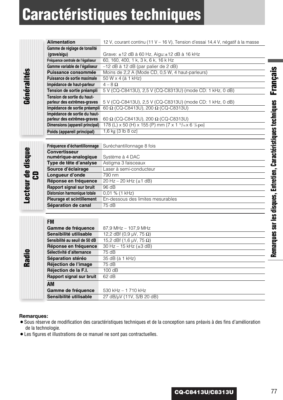 Caracteristiques techniques, Caractéristiques techniques, Français | Généralités, Radio lecteur de disque cd | Panasonic CQ-C8313U User Manual | Page 77 / 114