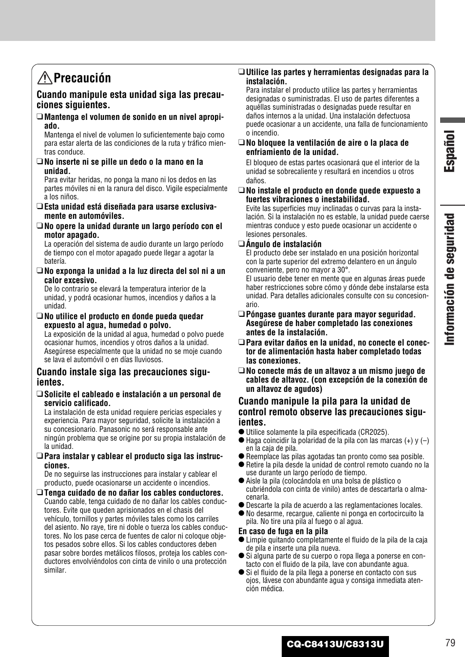 Español, Información de seguridad, Precaución | Panasonic CQ-C8313U User Manual | Page 79 / 114