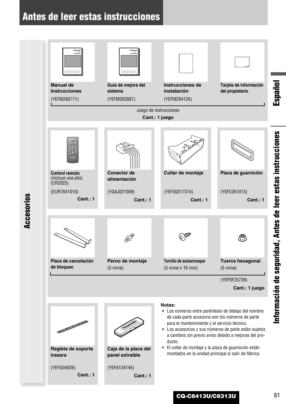 Antes de leer estas instrucciones, Español, Accesorios | Panasonic CQ-C8313U User Manual | Page 81 / 114