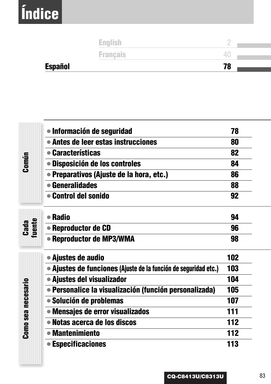 Indice, Índice | Panasonic CQ-C8313U User Manual | Page 83 / 114