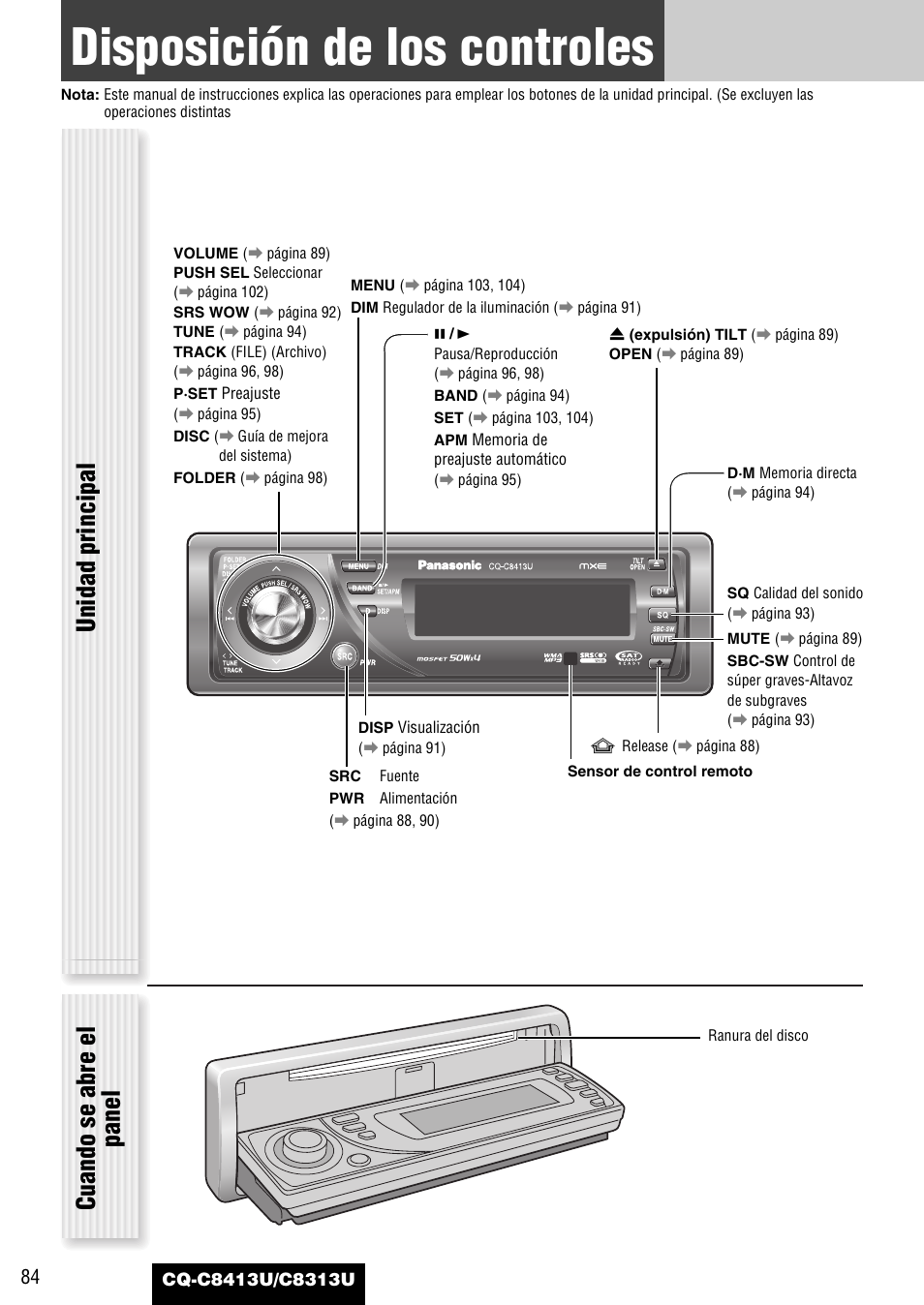 Disposicion de los controles, Disposición de los controles, Unidad principal | Cuando se abre el panel | Panasonic CQ-C8313U User Manual | Page 84 / 114