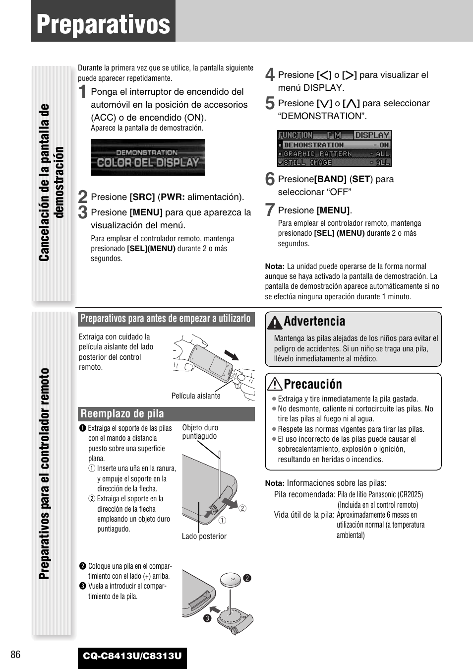Preparativos (ajuste de la hora, etc.), Preparativos, Advertencia | Precaución | Panasonic CQ-C8313U User Manual | Page 86 / 114