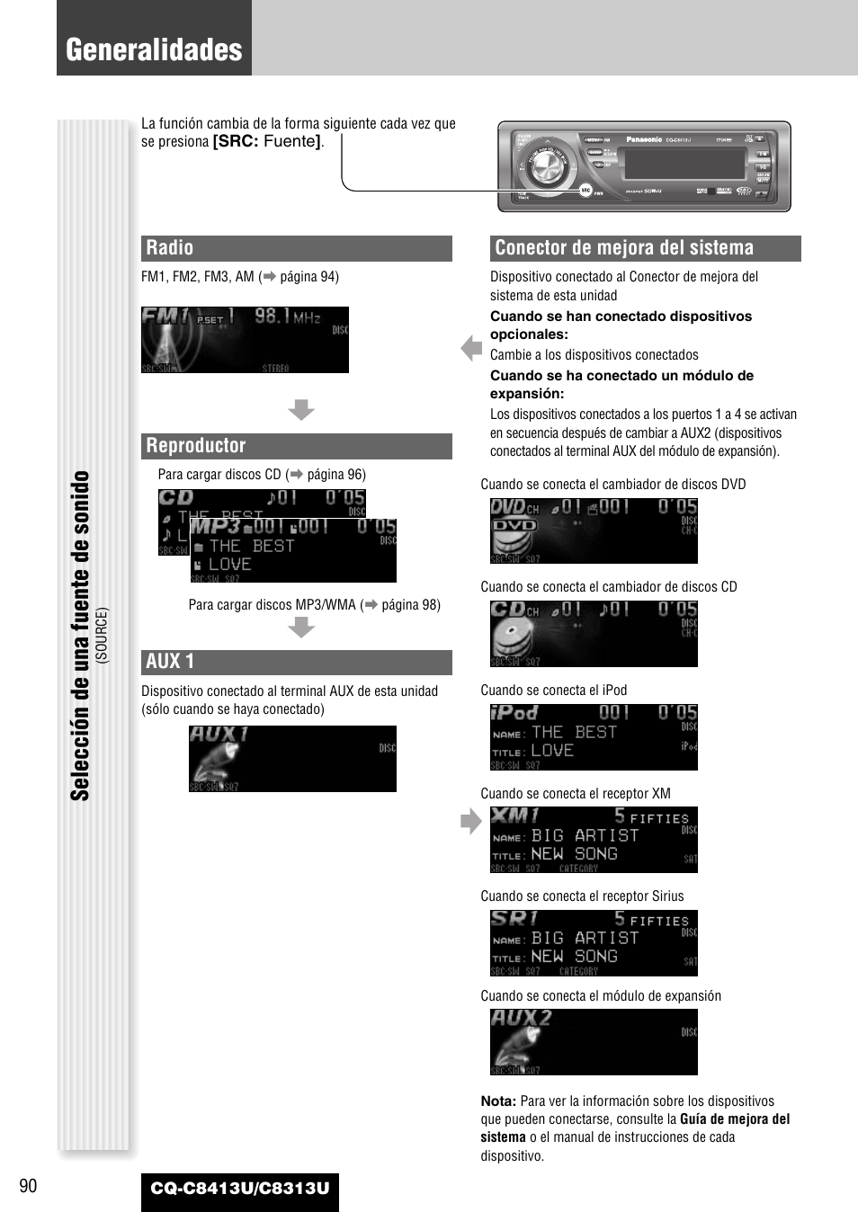 Generalidades, Selección de una fuente de sonido, Radio | Reproductor, Aux 1, Conector de mejora del sistema | Panasonic CQ-C8313U User Manual | Page 90 / 114