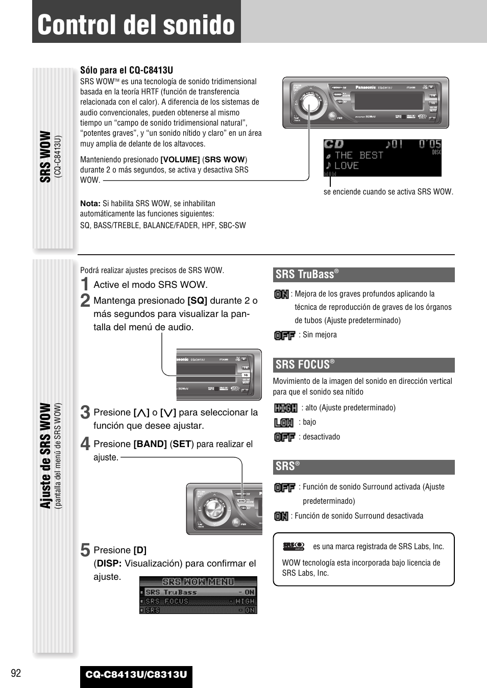 Control del sonido, Ajuste de srs wow, Srs wow | Panasonic CQ-C8313U User Manual | Page 92 / 114