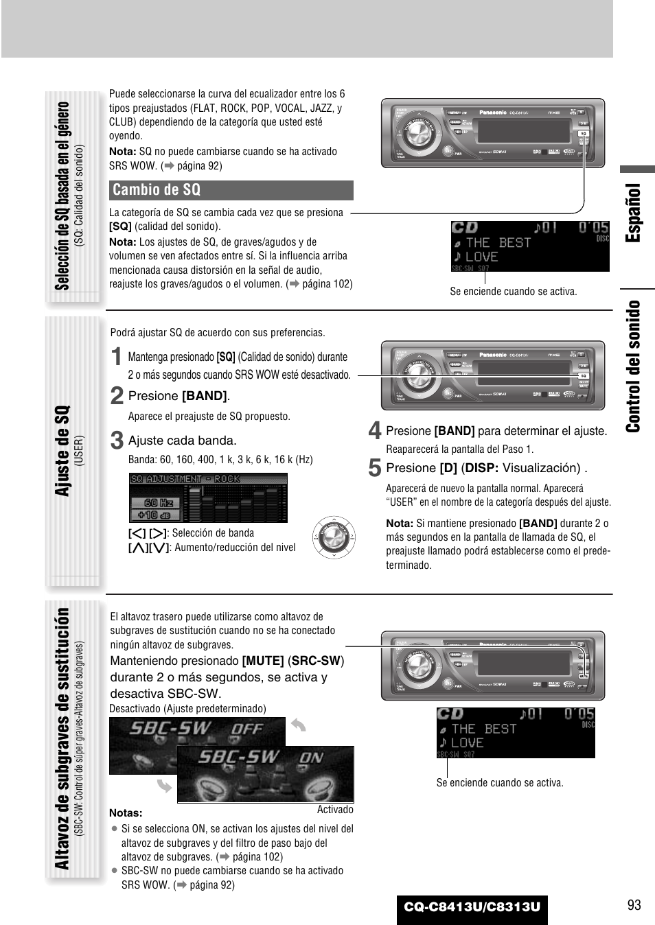 Español, Control del sonido, Selección de sq basada en el género | Ajuste de sq, Altavoz de subgraves de sustitución | Panasonic CQ-C8313U User Manual | Page 93 / 114