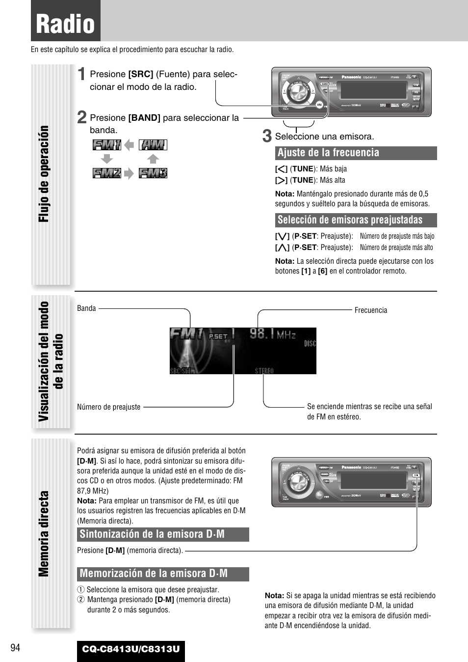 Cada fuente, Radio, Flujo de operación | Visualización del modo de la radio | Panasonic CQ-C8313U User Manual | Page 94 / 114