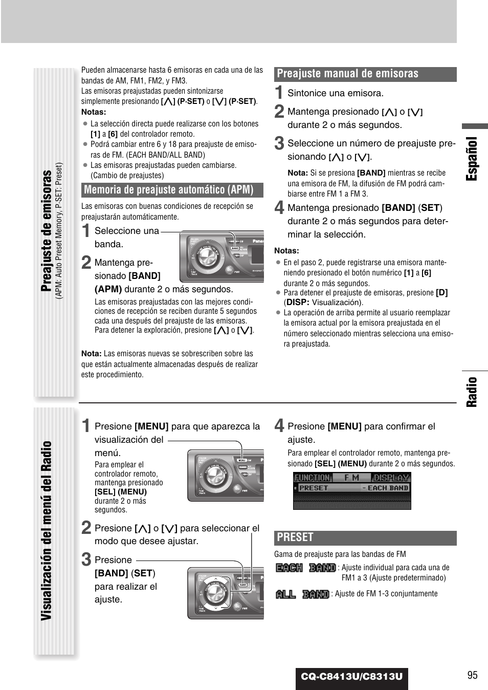 Español, Radio, Preajuste de emisoras | Visualización del menú del radio | Panasonic CQ-C8313U User Manual | Page 95 / 114