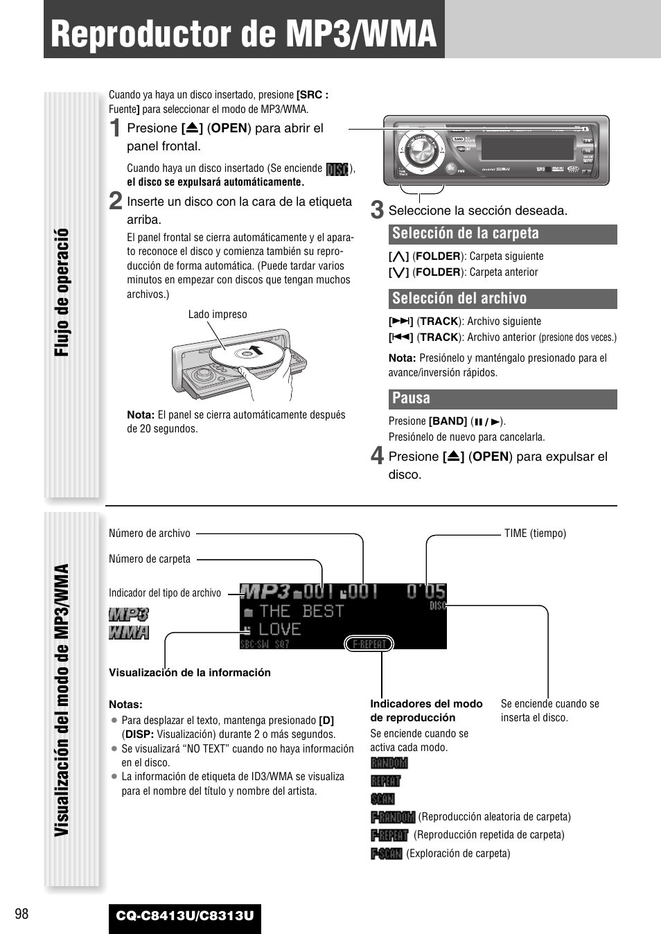 Reproductor de mp3/wma, Flujo de operació, Visualización del modo de mp3/wma | Panasonic CQ-C8313U User Manual | Page 98 / 114