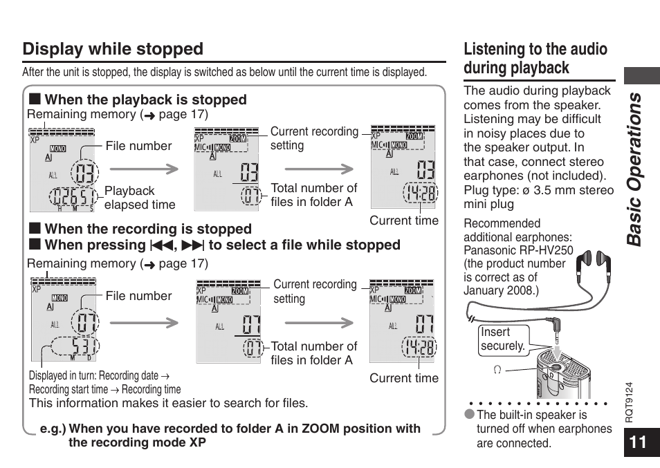 Basic operations, 11 display while stopped, Listening to the audio during playback | Panasonic RR-US950 User Manual | Page 11 / 48