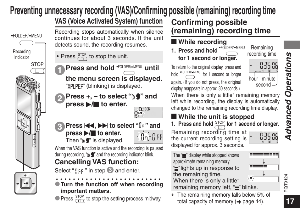 Ad vanced operations, 17 vas (voice activated system) function, Confirming possible (remaining) recording time | Cancelling vas function | Panasonic RR-US950 User Manual | Page 17 / 48