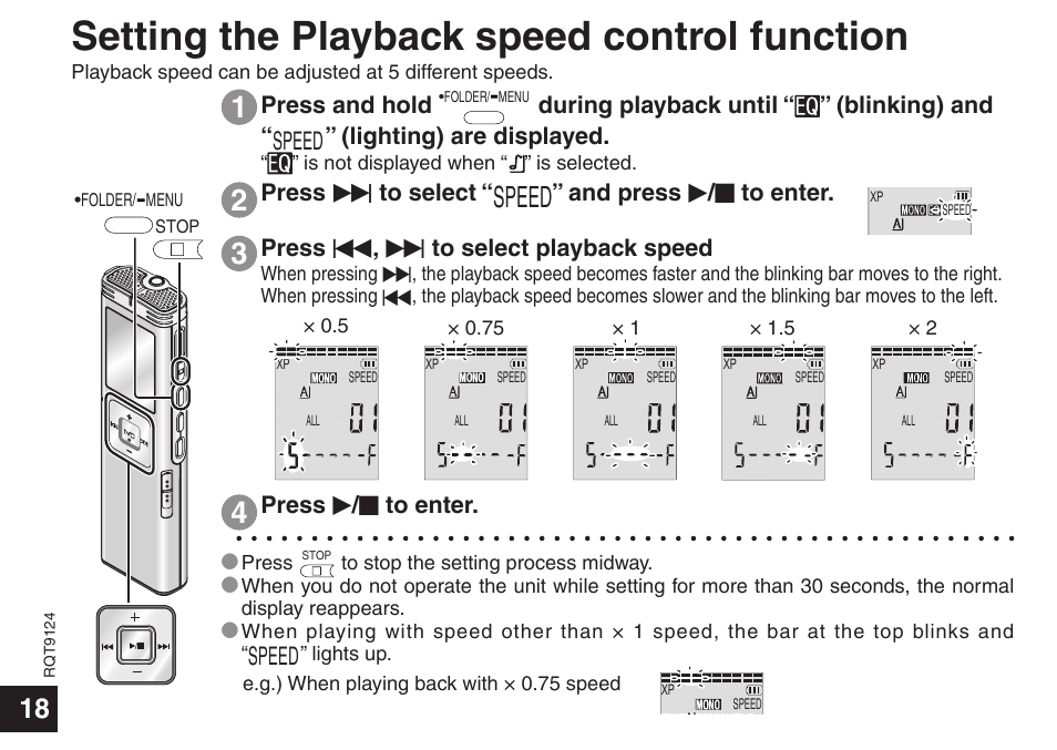 Setting the playback speed control function, Speed, Press i to select | And press q / g to enter, Press and hold, During playback until “ ” (blinking) and, Lighting) are displayed, Press u , i to select playback speed, Press q / g to enter | Panasonic RR-US950 User Manual | Page 18 / 48