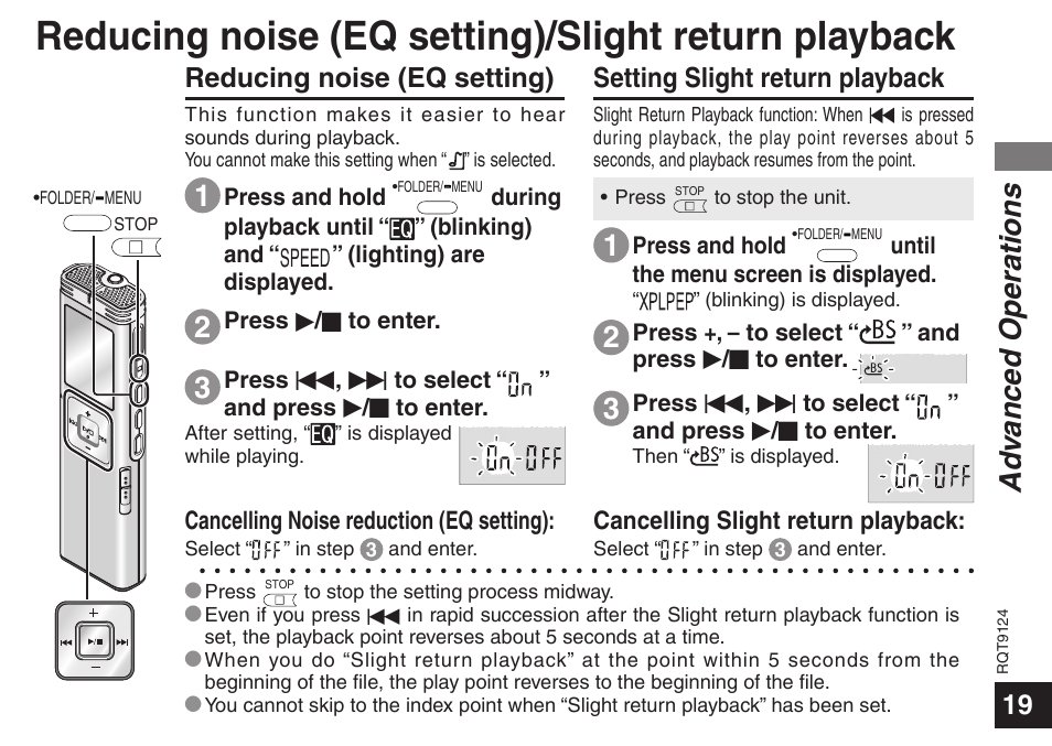 Reducing noise (eq setting)/slight return playback, Ad vanced operations, 19 reducing noise (eq setting) | Setting slight return playback | Panasonic RR-US950 User Manual | Page 19 / 48