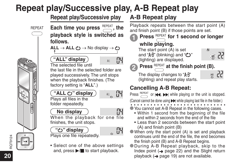 Repeat play/successive play, a-b repeat play, Repeat play/successive play, A-b repeat play | Panasonic RR-US950 User Manual | Page 20 / 48