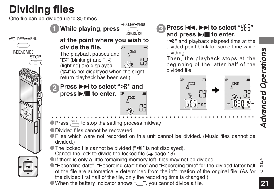 Dividing files, Ad vanced operations | Panasonic RR-US950 User Manual | Page 21 / 48