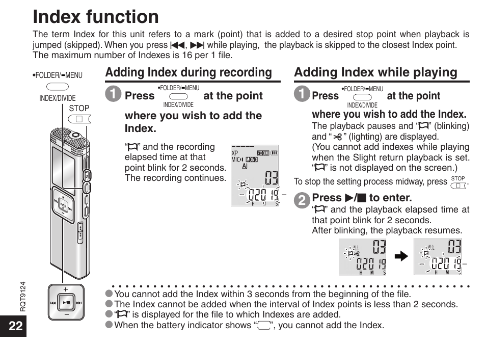 Index function, 22 adding index during recording, Adding index while playing | Panasonic RR-US950 User Manual | Page 22 / 48