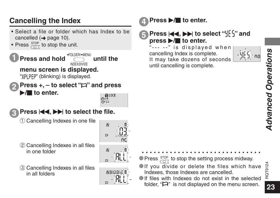 Ad vanced operations, Cancelling the index | Panasonic RR-US950 User Manual | Page 23 / 48