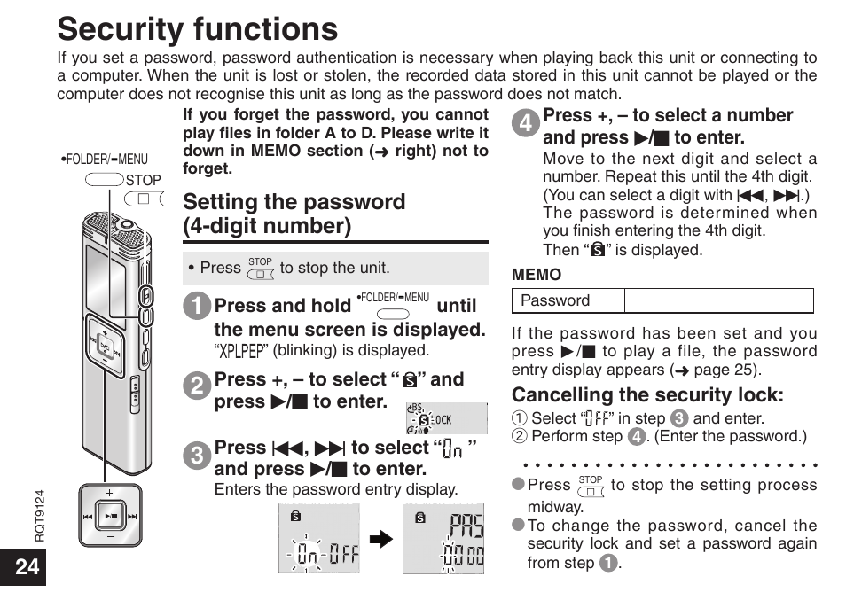 Security functions, Setting the password (4-digit number) | Panasonic RR-US950 User Manual | Page 24 / 48