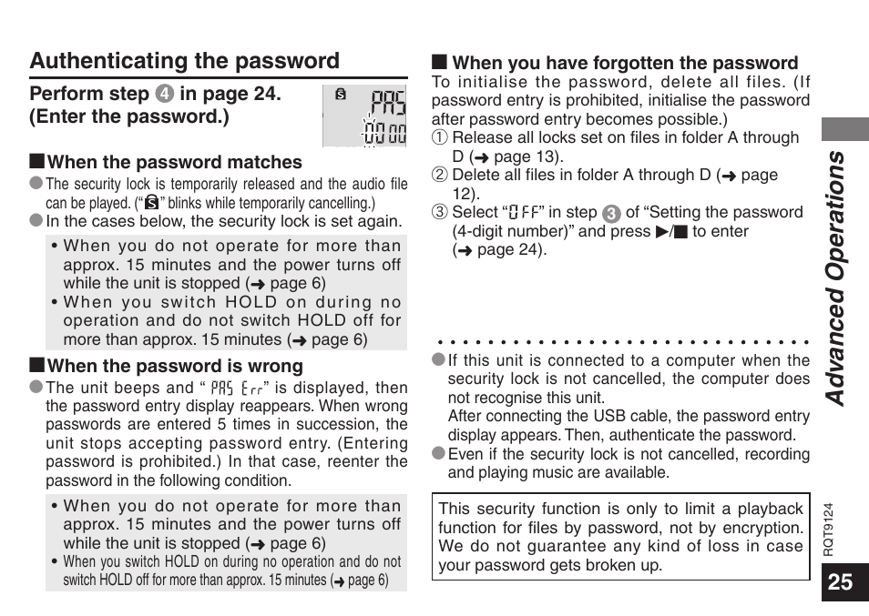 Ad vanced operations, Authenticating the password | Panasonic RR-US950 User Manual | Page 25 / 48