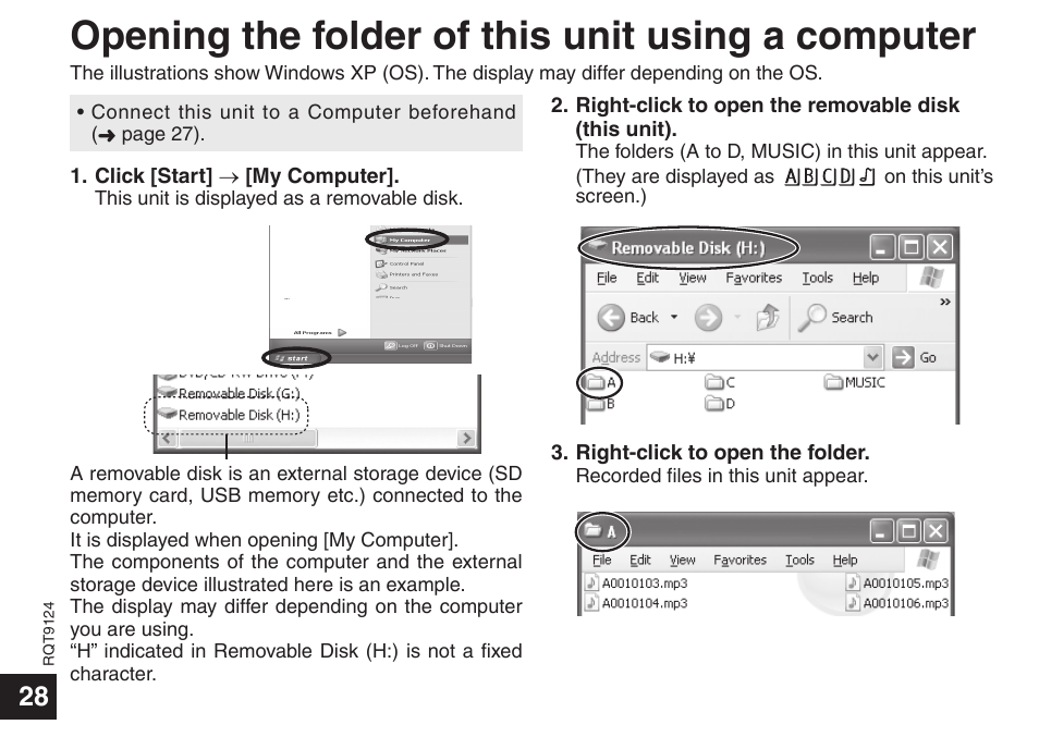 Opening the folder of this unit using a computer | Panasonic RR-US950 User Manual | Page 28 / 48