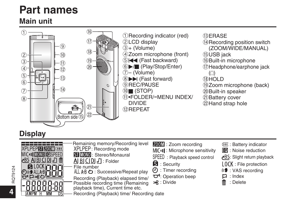 Part names, Main unit display | Panasonic RR-US950 User Manual | Page 4 / 48