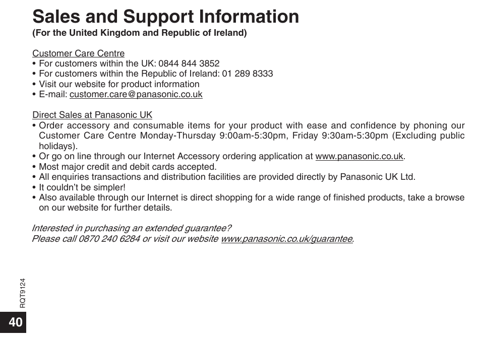 Sales and support information | Panasonic RR-US950 User Manual | Page 40 / 48