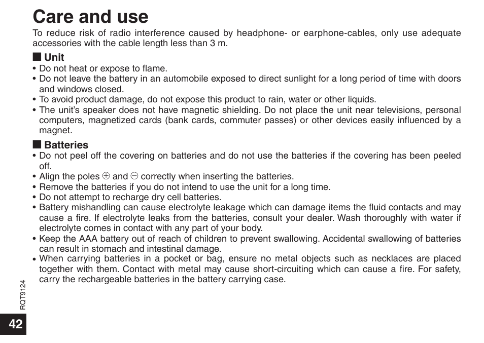 Care and use | Panasonic RR-US950 User Manual | Page 42 / 48