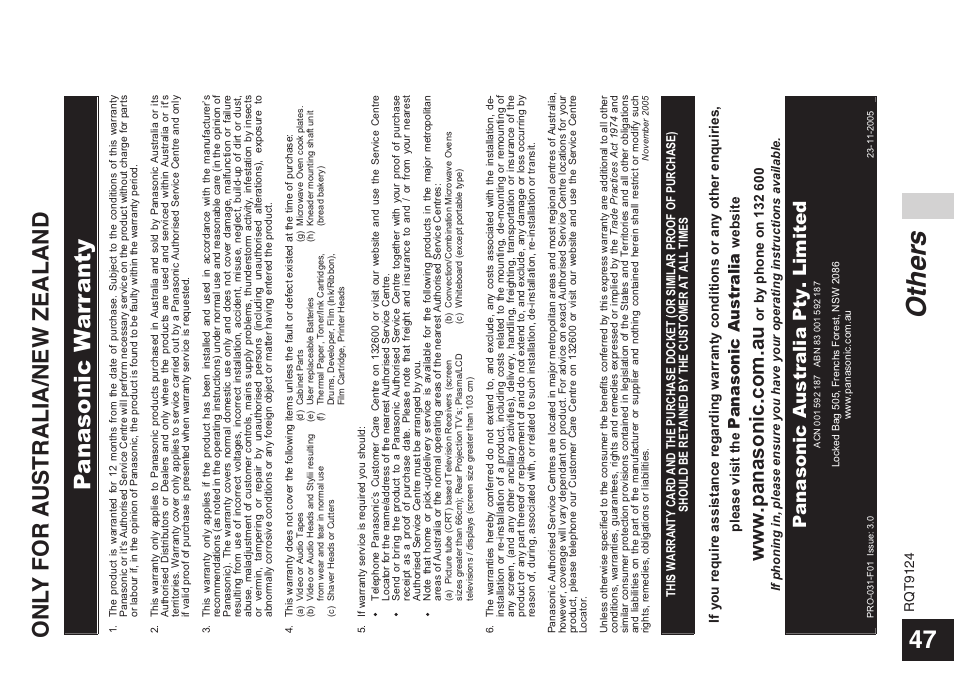 Other s, Panasonic australia pty. limited, Pan asonic australia | Panasonic RR-US950 User Manual | Page 47 / 48