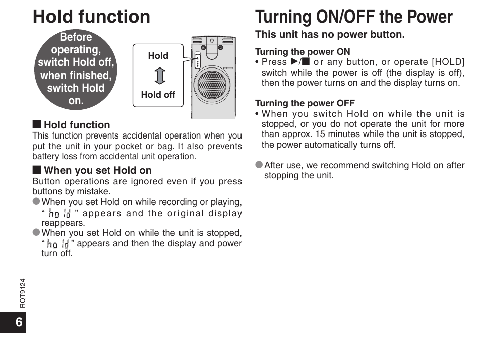 Hold function turning on/off the power | Panasonic RR-US950 User Manual | Page 6 / 48