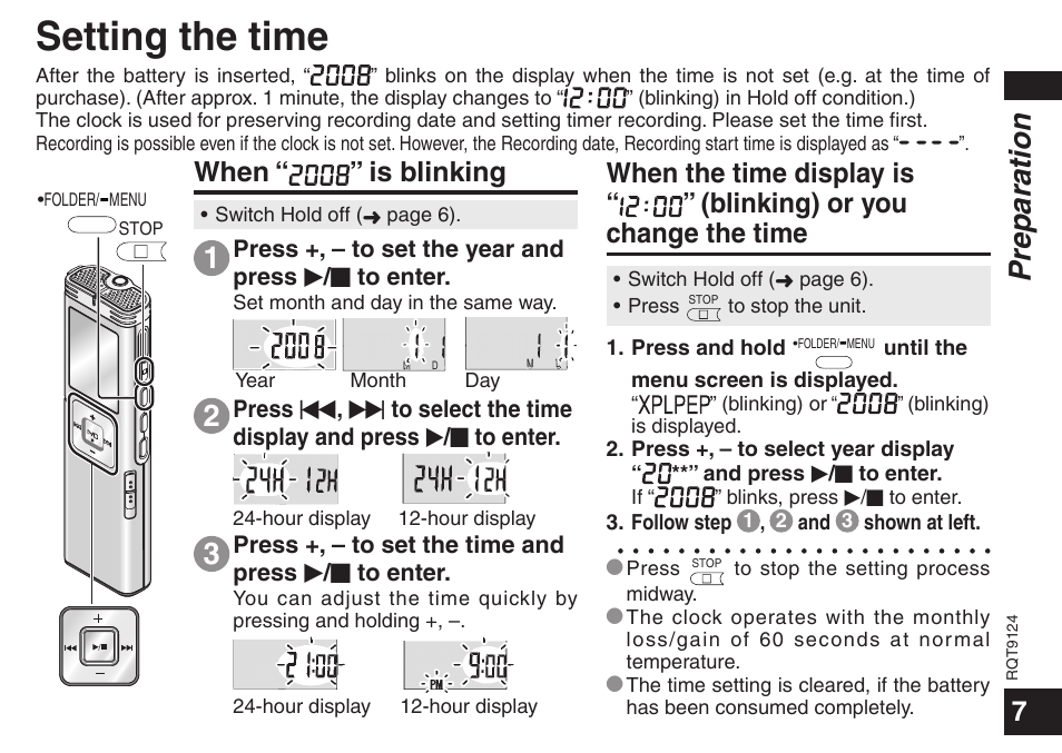 Setting the time, Preparation, When “ ” is blinking | Panasonic RR-US950 User Manual | Page 7 / 48