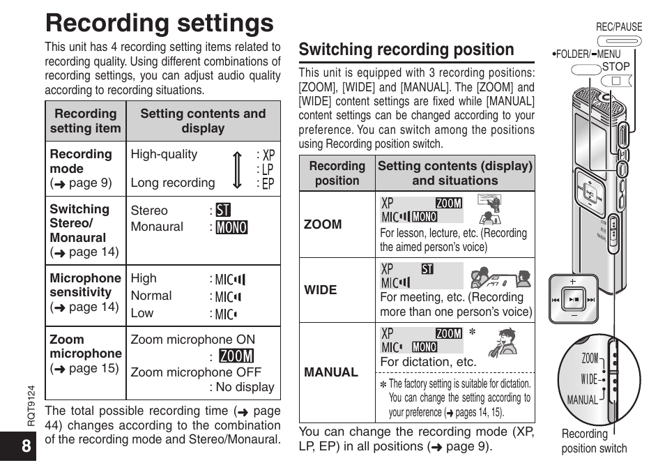 Recording settings, Switching recording position | Panasonic RR-US950 User Manual | Page 8 / 48