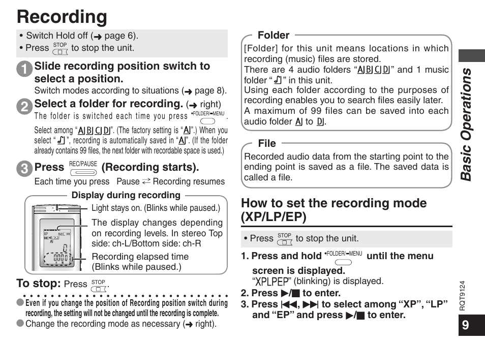 Recording, Basic operations, How to set the recording mode (xp/lp/ep) | Panasonic RR-US950 User Manual | Page 9 / 48