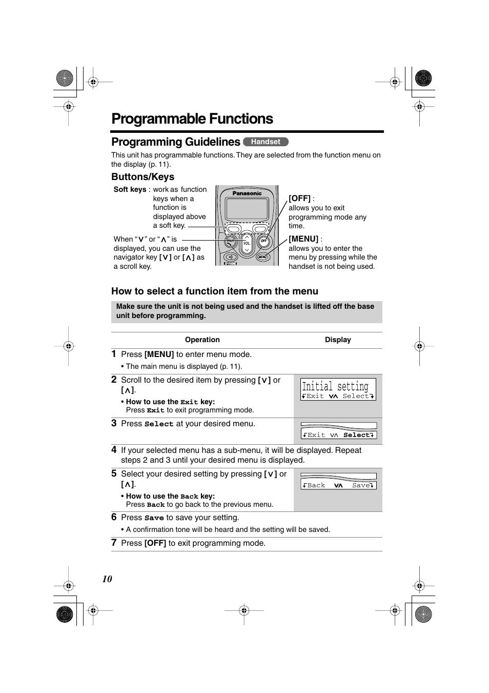 Programmable functions, Initial setting, Programming guidelines | Panasonic KX-TG2224F User Manual | Page 10 / 72