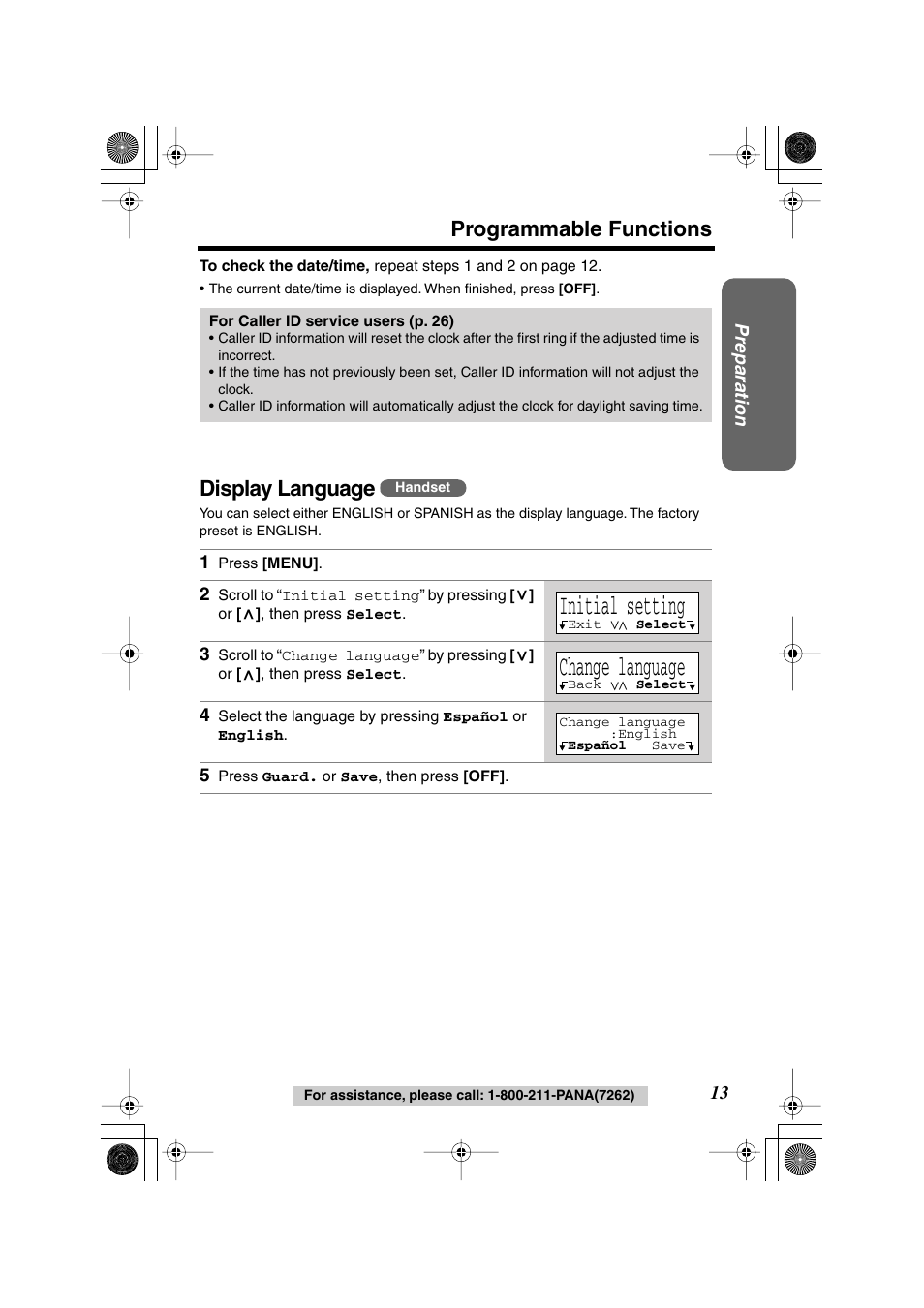 Initial setting, Change language, Programmable functions | Display language | Panasonic KX-TG2224F User Manual | Page 13 / 72