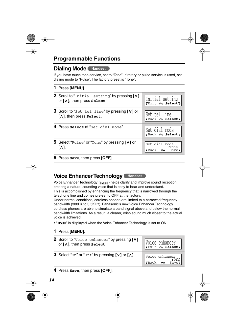 Initial setting, Set tel line, Set dial mode | Voice enhancer, Programmable functions, Dialing mode, Voice enhancer technology | Panasonic KX-TG2224F User Manual | Page 14 / 72