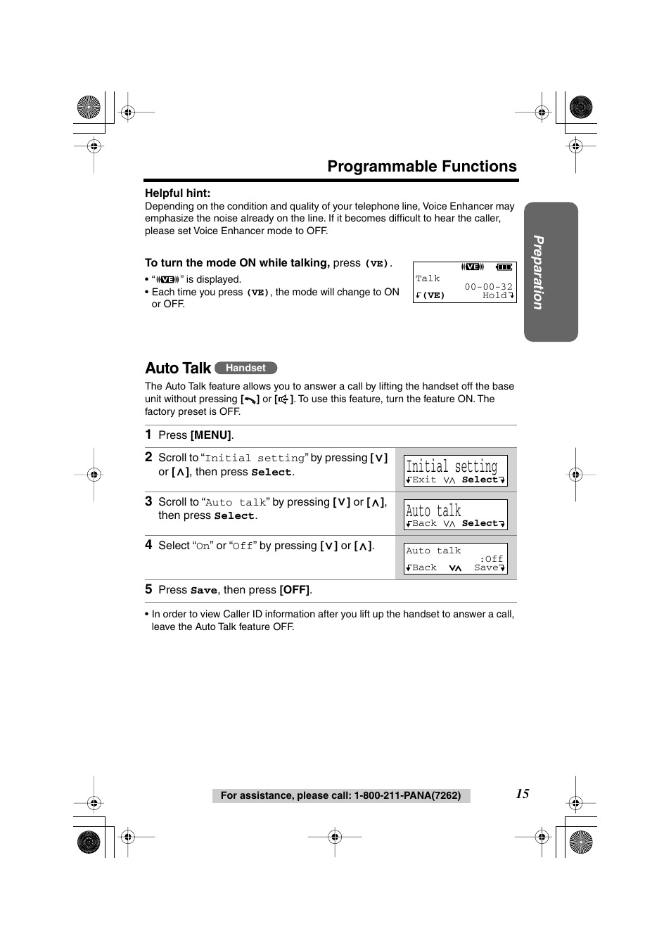 Initial setting, Programmable functions, Auto talk | Panasonic KX-TG2224F User Manual | Page 15 / 72